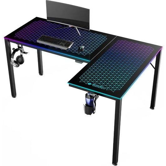 L-Shaped Reversible Black Glass Gaming Desk